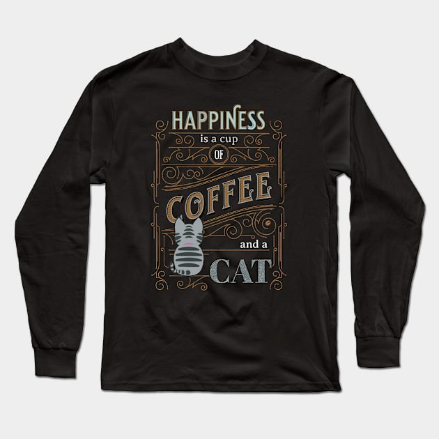 Happiness Is A Cup of Coffee And A Cat Long Sleeve T-Shirt by TooplesArt